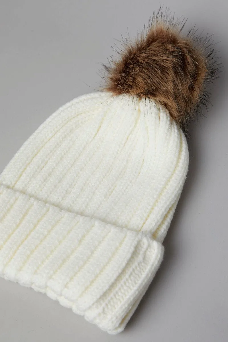 White Faux Fur Pom Pom Beanie